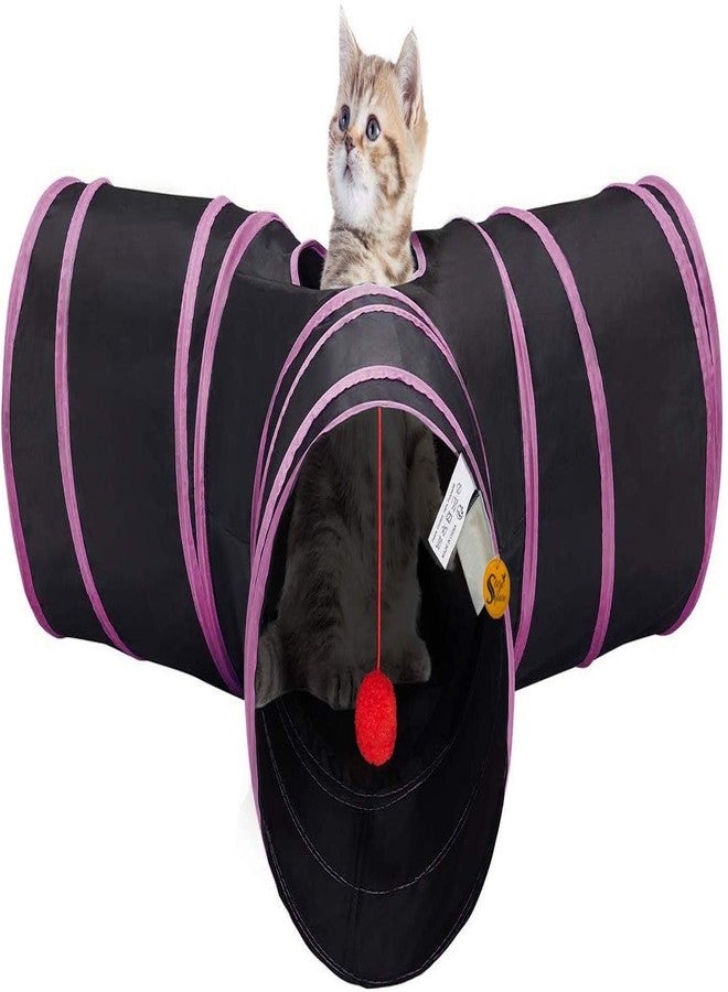 Sage Square Cat Jumbo Collapsible Lightweight Portable T-Shape Tube Hiding Tunnel Sleeping Bag Exercise 3 Way Tunnel with Hanging Ball for Cat, Kitten, Puppy, Dog (Pink) - Image 1